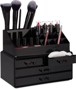 Relaxdays Make-up Organizer - Tweedelig - Cosmetica Opbergdoos + Lippenstift Houder - Zwart