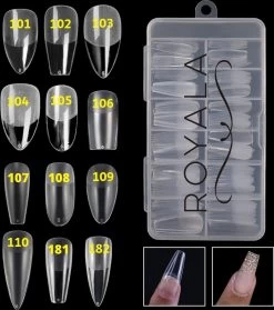 Royala 101 - Almond Half Frosted - Full Cover - Nageltips - Nepnagels - Plaknagels - In Assortimentsbox - 120 Stuks 12 Maten - Voor Gellak Acrylnagellak En PolyGel Nagels - Royala Frosted Tips Line -Cosmeticawinkel 1063x1200