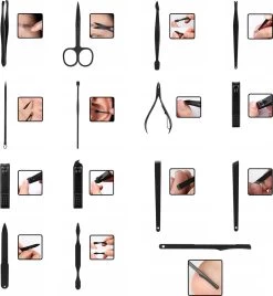 In Round Nagelset 16-delig Met Etui – Manicure Set – Pedicure Set - Staal – Zwart / Rood – Nagelsetje – Nagel Knipper – Nagelknipper – Manicureset – Nagelschaar – Pedicureset – Nagelverzorging – Nageltang – Nail Clipper -Cosmeticawinkel 1107x1200