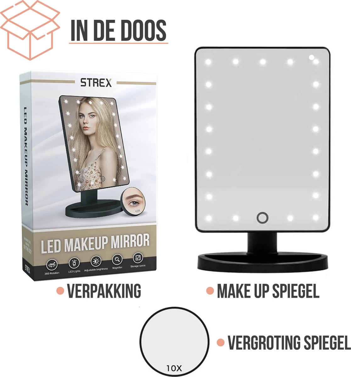 Strex Make Up Spiegel Met LED Verlichting - 3 Verlichtingsmodus - 1/10x Vergroting - 360° Verstelbaar 11 Strex Make Up Spiegel Met LED Verlichting - 3 Verlichtingsmodus - 1/10x Vergroting - 360° Verstelbaar - Afbeelding 9