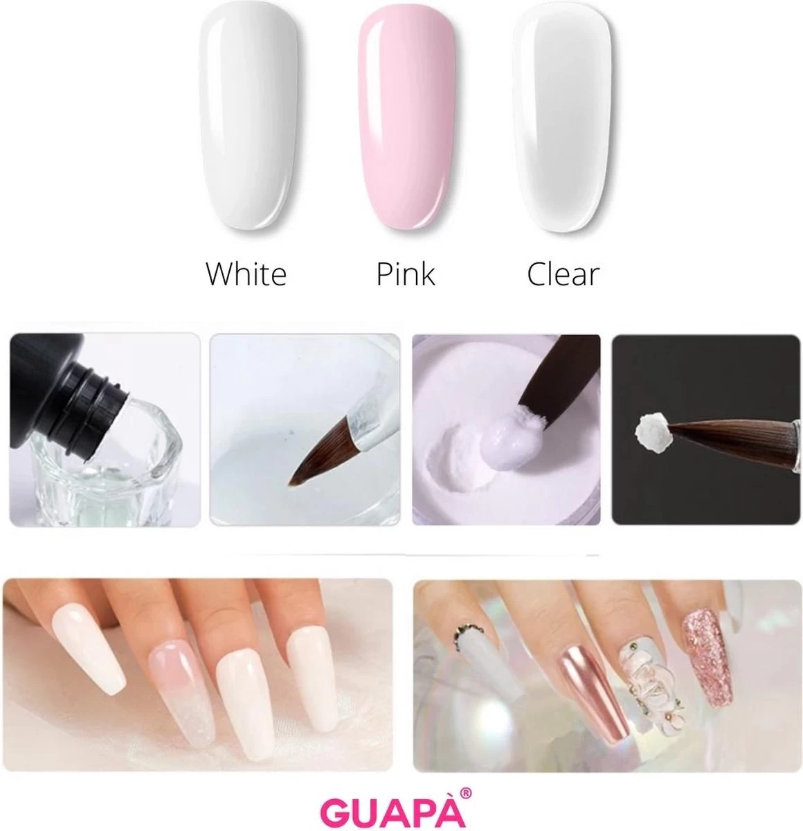 GUAPÀ® Acryl Starterspakket Pink Clear White | Acryl Poeder | Acrylic Liquid | Acryl Penselen | Dappendish | Acryl Nagels | Professionele Kwaliteit | Nepnagels 7 GUAPÀ® Acryl Starterspakket Pink Clear White | Acryl Poeder | Acrylic Liquid | Acryl Penselen | Dappendish | Acryl Nagels | Professionele Kwaliteit | Nepnagels - Afbeelding 5