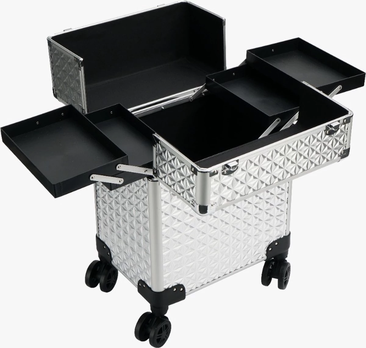 Beauty Koffer Zilver | Beautycase / Beautykoffer / Trolley Van Aluminium - 8 Wielen - Kapper Koffer - Tattoo Koffer - Nagel Koffer - Make-up Koffer 4 Beauty Koffer Zilver | Beautycase / Beautykoffer / Trolley Van Aluminium - 8 Wielen - Kapper Koffer - Tattoo Koffer - Nagel Koffer - Make-up Koffer - Afbeelding 2