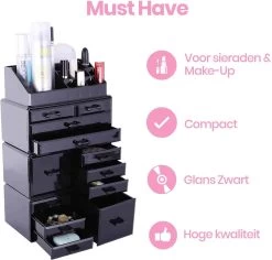 Confibel XXL Acryl Make-up Cosmetica Organizer - Verstelbare Lades - Sieraden/Make-up/Cosmetica Organizer - 11 Compartimenten - Zwart -Cosmeticawinkel 1200x1147 9