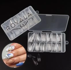 Royala 101 - Almond Half Frosted - Full Cover - Nageltips - Nepnagels - Plaknagels - In Assortimentsbox - 120 Stuks 12 Maten - Voor Gellak Acrylnagellak En PolyGel Nagels - Royala Frosted Tips Line -Cosmeticawinkel 1200x1180