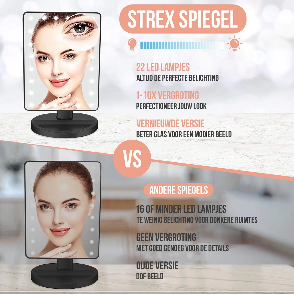 Strex Make Up Spiegel Met LED Verlichting - 3 Verlichtingsmodus - 1/10x Vergroting - 360° Verstelbaar 10 Strex Make Up Spiegel Met LED Verlichting - 3 Verlichtingsmodus - 1/10x Vergroting - 360° Verstelbaar - Afbeelding 8