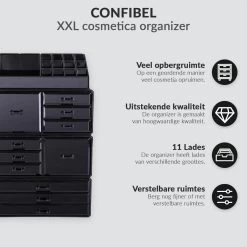 Confibel XXL Acryl Make-up Cosmetica Organizer - Verstelbare Lades - Sieraden/Make-up/Cosmetica Organizer - 11 Compartimenten - Zwart -Cosmeticawinkel 1200x1200 1822
