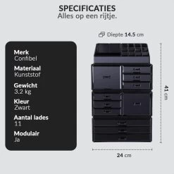 Confibel XXL Acryl Make-up Cosmetica Organizer - Verstelbare Lades - Sieraden/Make-up/Cosmetica Organizer - 11 Compartimenten - Zwart -Cosmeticawinkel 1200x1200 1823