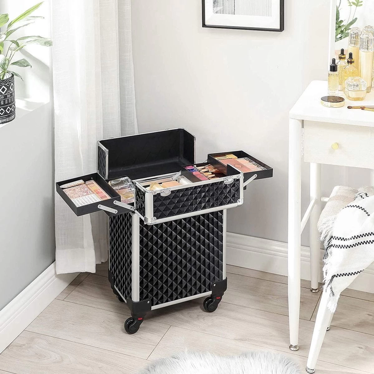 Cosmetische Koffer, Trolley, Make-up Case Met Handvat, 4 Universele Wielen, 4 Uitschuifbare Dienbladen, Make-up Tas, Voor Reizen, Zwart 4 Cosmetische Koffer, Trolley, Make-up Case Met Handvat, 4 Universele Wielen, 4 Uitschuifbare Dienbladen, Make-up Tas, Voor Reizen, Zwart - Afbeelding 2