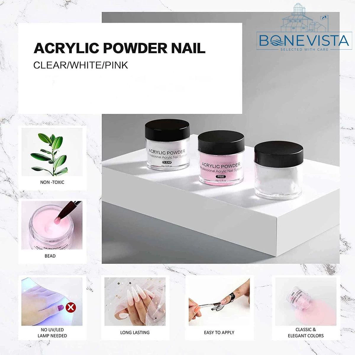 Bone Vista® Acryl Nagels Starterspakket - Wit, Roze & Transparant - Professionele Kunstnagels 4 Bone Vista® Acryl Nagels Starterspakket - Wit, Roze & Transparant - Professionele Kunstnagels - Afbeelding 2