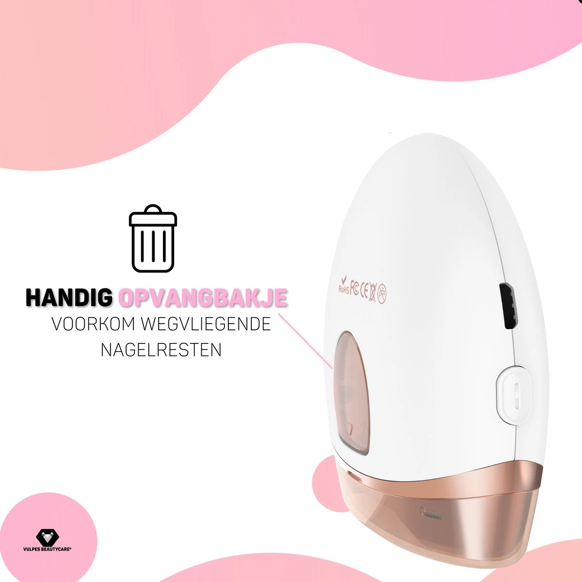 Vulpes BeautyCare® Elektrische Nagelknipper - Nagelschaar Met Opvangbakje – Veilige Nagelschaar Voor Baby’s, Kinderen, Volwassenen En Ouderen - Draadloos En Geruisloos – USB-Oplaadbaar – Rosé / Wit 7 Vulpes BeautyCare® Elektrische Nagelknipper - Nagelschaar Met Opvangbakje – Veilige Nagelschaar Voor Baby’s, Kinderen, Volwassenen En Ouderen - Draadloos En Geruisloos – USB-Oplaadbaar – Rosé / Wit - Afbeelding 5