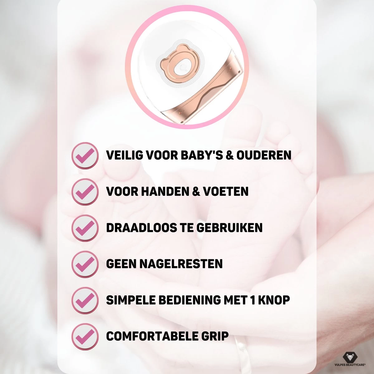 Vulpes BeautyCare® Elektrische Nagelknipper - Nagelschaar Met Opvangbakje – Veilige Nagelschaar Voor Baby’s, Kinderen, Volwassenen En Ouderen - Draadloos En Geruisloos – USB-Oplaadbaar – Rosé / Wit 8 Vulpes BeautyCare® Elektrische Nagelknipper - Nagelschaar Met Opvangbakje – Veilige Nagelschaar Voor Baby’s, Kinderen, Volwassenen En Ouderen - Draadloos En Geruisloos – USB-Oplaadbaar – Rosé / Wit - Afbeelding 6