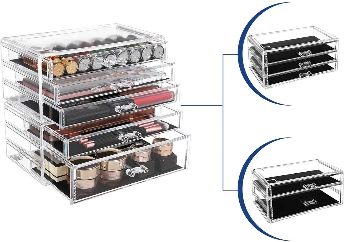 SONGMICS Make-up Organiser, 2-delige Opbergdozen Voor Sieraden En Cosmetica, Stapelbaar, Met 5 Laden, Transparant Polystyreen JMU32TP 5 SONGMICS Make-up Organiser, 2-delige Opbergdozen Voor Sieraden En Cosmetica, Stapelbaar, Met 5 Laden, Transparant Polystyreen JMU32TP - Afbeelding 3