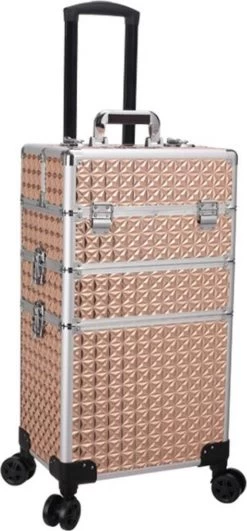 Kapper Koffer Gouden Kleur | Nagel | Visagist | Make-up | Cosmetica | Schminken | Trolley Stevig En Gemaakt Van Aluminium | 3 Delig | 8 Wielen | Bedekt Met Mooie Diamantjes