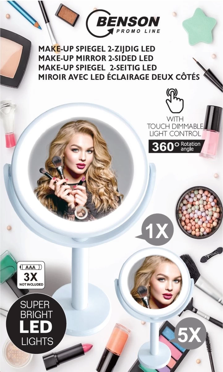 Benson Make Up Spiegel Met LED Ring - Cosmetische Spiegels Met Touch Dimmer - 2 Zijde 7 Benson Make Up Spiegel Met LED Ring - Cosmetische Spiegels Met Touch Dimmer - 2 Zijde - Afbeelding 5
