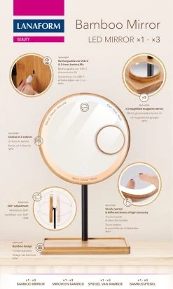 Lanaform - Bamboo Mirror - Oplaadbare Staande Spiegel ×1 · ×3 - Elegant Design Van Bamboe Met Zwarte Poedercoatingafwerking - Ledlampen Met Lange Levensduur -Cosmeticawinkel 722x1200 2
