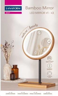 Lanaform - Bamboo Mirror - Oplaadbare Staande Spiegel ×1 · ×3 - Elegant Design Van Bamboe Met Zwarte Poedercoatingafwerking - Ledlampen Met Lange Levensduur -Cosmeticawinkel 724x1200 2