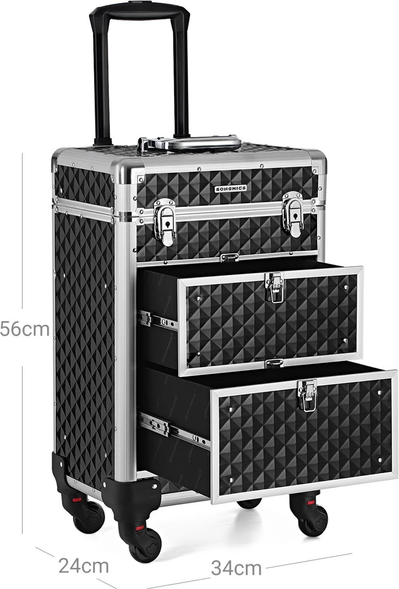 Songmics Kapperskoffer - Cosmetica Trolley - Cosmetica Koffer - Make-up Koffer - Visagie Koffer - Make Up Trolley - Op Wielen - Zwart 7 Songmics Kapperskoffer - Cosmetica Trolley - Cosmetica Koffer - Make-up Koffer - Visagie Koffer - Make Up Trolley - Op Wielen - Zwart - Afbeelding 5