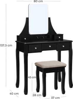 Merkloos Kaptafel, Kaptafel Met Grote Spiegel Zonder Frame, Toilettafel, Kaptafel, Voor Make-up, Gewatteerde Kruk, 5 Laden, Verplaatsbare Opbergdoos, Zwart RDT25BK -Cosmeticawinkel 888x1200 1